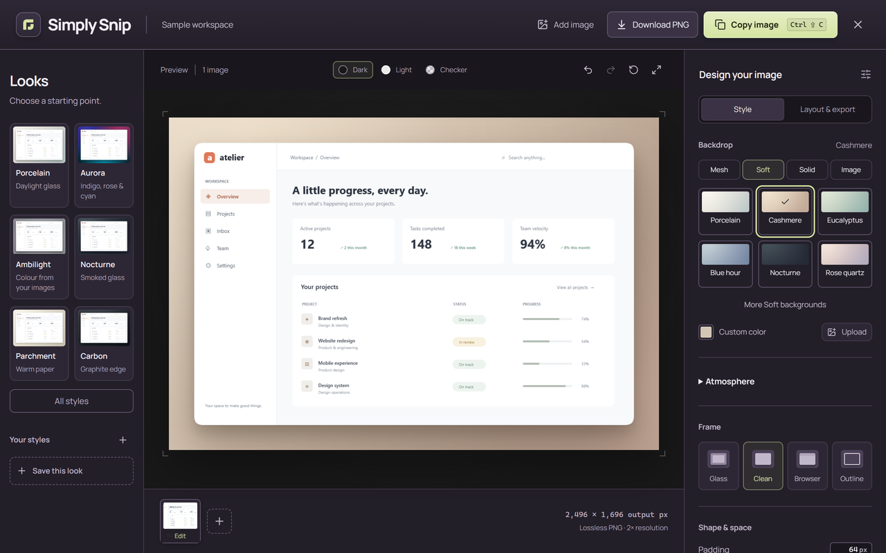 Simply Snip studio showing the screenshot preview, styling controls and PNG sharing actions