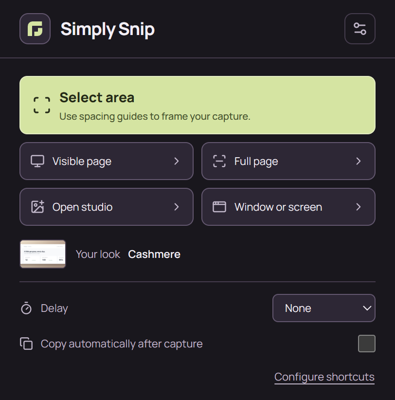 The actual Simply Snip toolbar popup, headed Screenshots, ready to share.